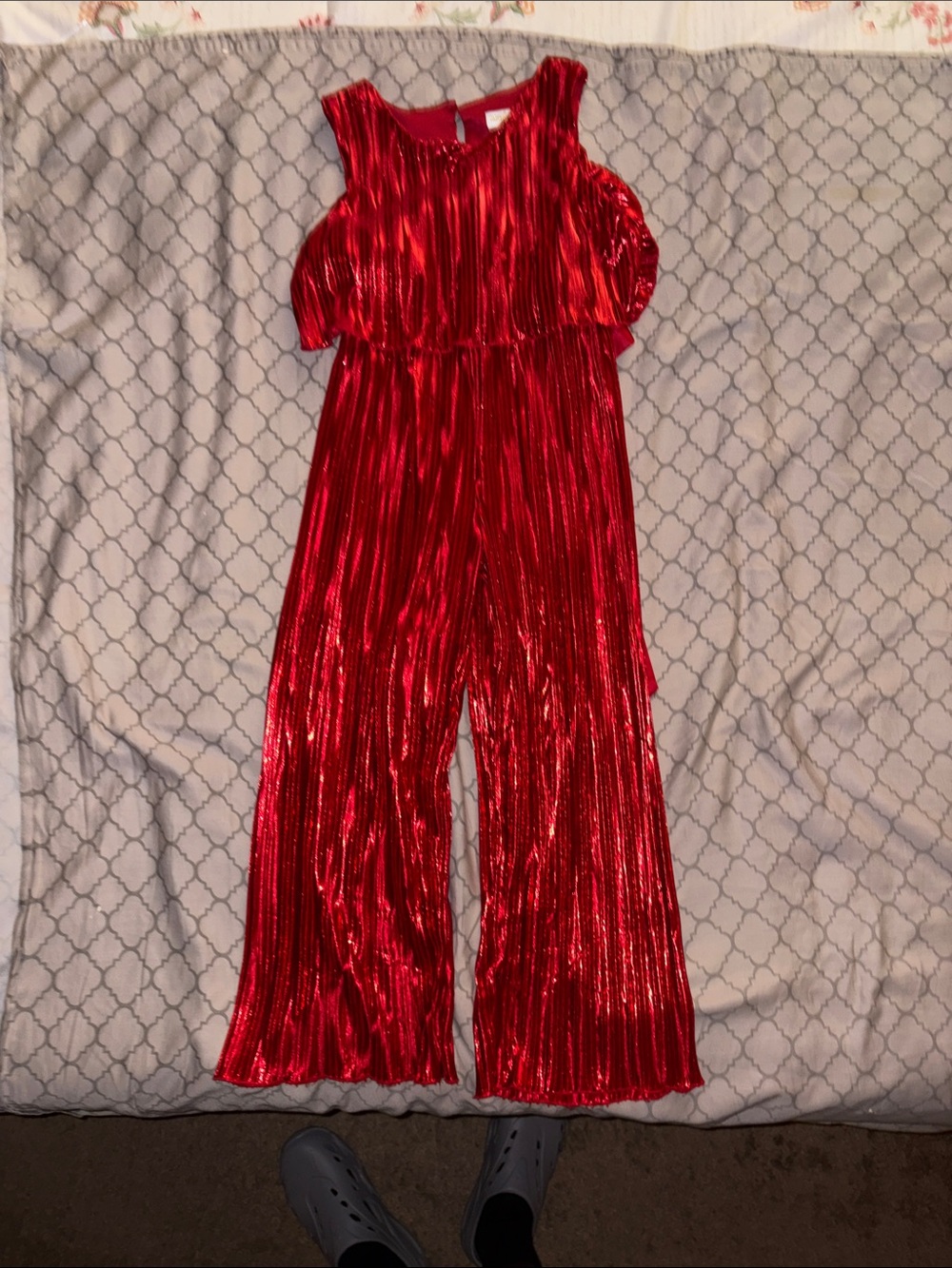 Kensie Metallic Red Pleated Cold-Shoulder Jumpsuit
